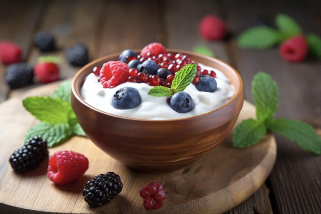 Frische und gesunde griechische Joghurtschale mit Beeren auf Holzunterlage