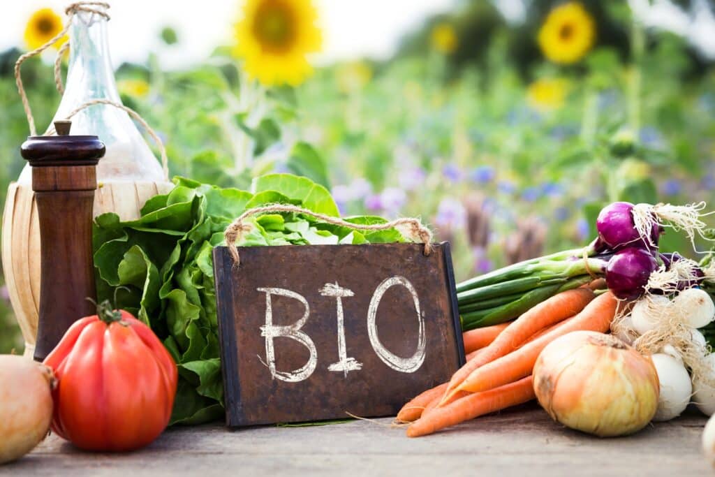 Messestand mit regionalem Bio-Angebot und Gemuese
