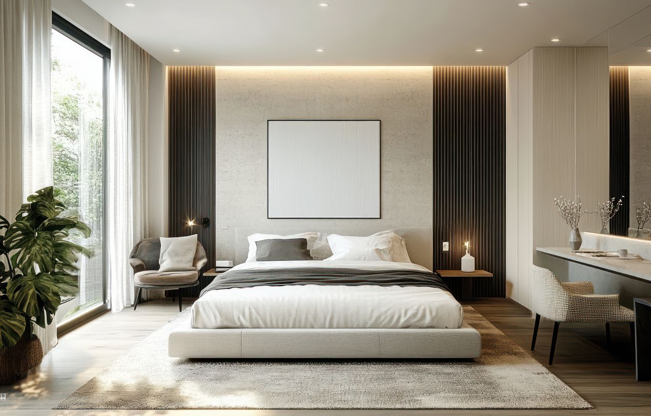 Modern eingerichtetes Schlafzimmer mit Wandpaneel in dunkler Holzoptik hinter dem Bett – harmonisches Raumkonzept mit Lichtleiste und Naturmaterialien